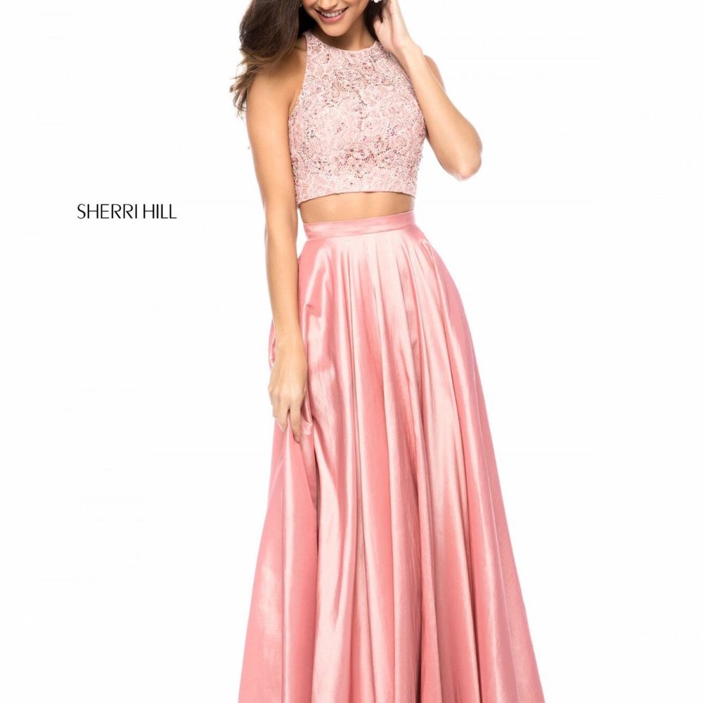 Sherri Hill Long 2 Piece Pink Sequins Cropped Top Prom Dress Sz 10 *NEW $330